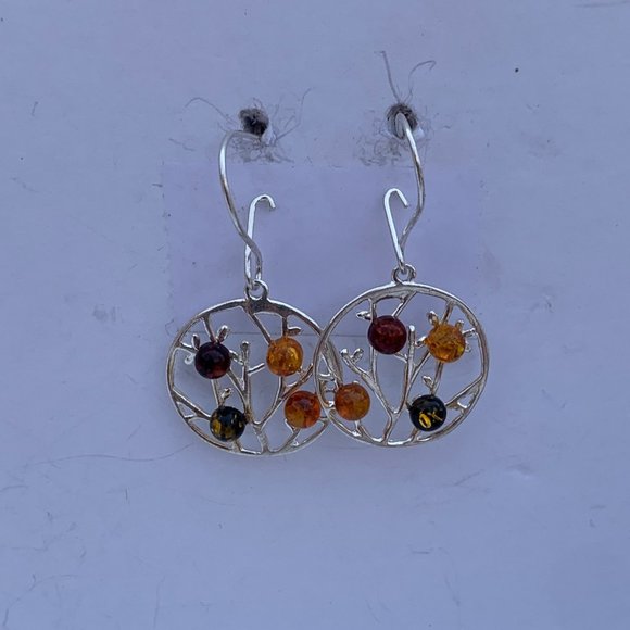 Sterling Silver Drop Dangle Tree Branch Amber Earrings With 4 Amber Stones - Picture 1 of 5